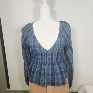 American Eagle Outfitters Blue Green Ruched Short Sleeve Blouse Size L